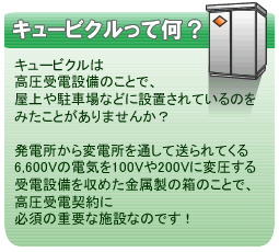 キュービクルとは高圧受電設備のことで発電所から変電所を通して送られてくる電気を変圧する機械のことです。